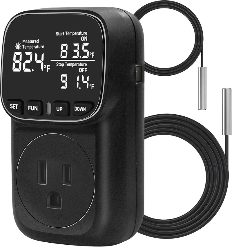 Comyan Temperature Controlled Outlet , 15A/1800W Digital Thermostat Outlet, Cyclic Timing/Countdown, -40℉~210℉ VA Display Heating Cooling Control Timer with 2Pcs Probe Cable for Reptile Incubator - Image 1